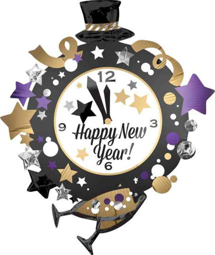 Picture of HAPPY NEW YEAR CLOCK SUPERSHAPE FOIL BALLOON - 76X88CM